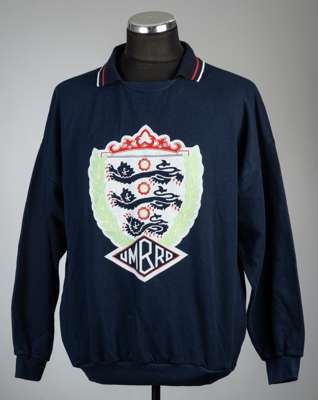 England navy player travel sweatshirt, circa 1985,
 Umbro, long-sleeved with printed England three lion emblem on front, size Large