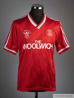 Red and white No.16 Charlton Athletic v. Blackburn Rovers Full Members Cup match issued short-sleeved shirt, 1987, Adidas, L, with v-neck collar and e