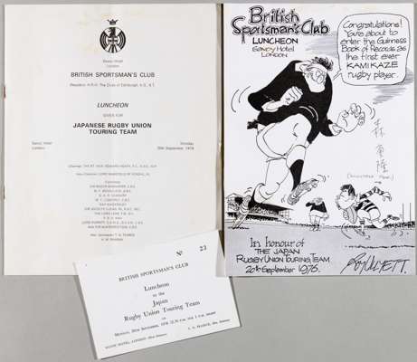 JAPAN RUGBY UNION TOURISTS TO THE UK 1976 WELCOME DINNER MENU, SEATING PLAN & INVITATION 

ORIGINAL BRITISH SPORTSMAN’S CLUB MENU, SEATING PLAN & INVI