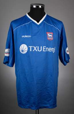 John McGreal blue No.4 Ipswich Town short-sleeved jersey, 2001-03, 
 Punch, XXL, with v-neck collar and embroidered cloth badge inscribed IPSWICH TOWN