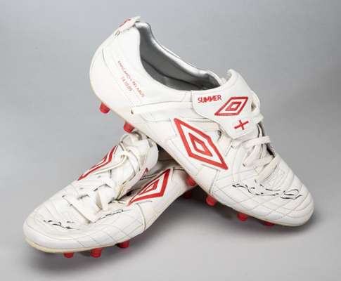 A pair of England's John Terry signed Umbro football boots,
 white and red football boots with George and Summer and England flag and number 26 embroi