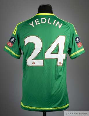 DeAndre Yedlin green No.24 Sunderland v. Arsenal F.A. Cup match worn short-sleeved shirt 2015-16, 
 Adidas, M, with v-neck collar and embroidered badg
