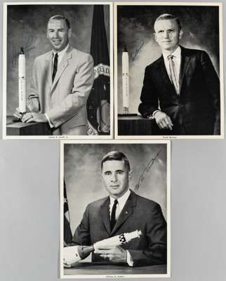 Three black and white studio portraits of U.S. Astronauts with printed signatures
 comprising James A. Lovell, Jr, Frank Borman, William A. Anders, 10