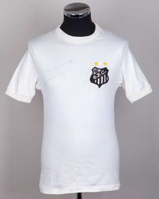 A white Santos Pele autographed short-sleeved shirt