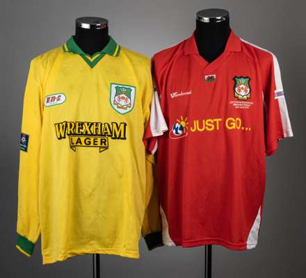 Two Wrexham match jerseys,
 the first a Chris Armstrong red no.9 for the LDV Final v Southend United at the Millennium Stadium, 10th April 2005; the s