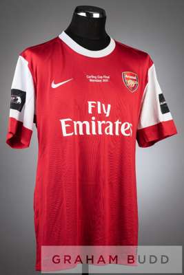 Nicklas Bendtner red and white Arsenal No.52 Carling Cup final jersey v Birmingham City, at Wembley Stadium, on 27th February 2011,
 short-sleeved, CA