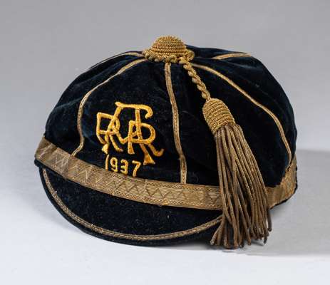 Auckland Rugby Union representative cap, 1937,
 navy velvet cap with gilt tassel and braiding, embroidered with entwined letters ARR and 1937, bears m
