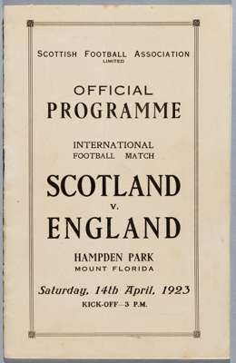 Scotland v England programme, played at Hampden Park, 14th April 1923, 
 20-page programme complete, but does not have team line-up, instead has biogr