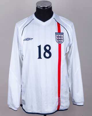 Andy Cole white and red No.18 England v. Albania long-sleeved shirt, 2001
