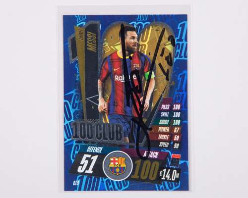 Lionel Messi autographed Barcelona Topps Match Attax 100 Club trading card