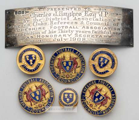 A group of six Cheshire Football Association badges issued to their official Charles James Hughes (1853-1916) 
 none are dated, all in gilt metal and 
