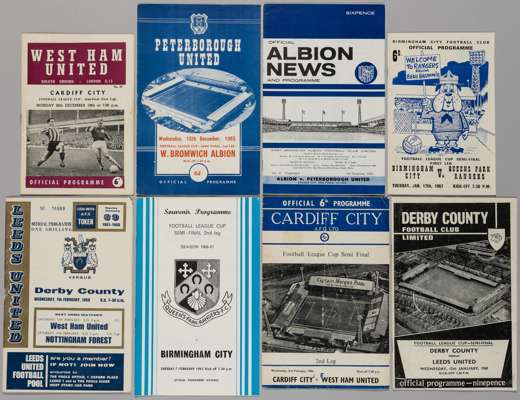 Football League Cup semi-final programmes, 1965-87,
 continuous run home/away legs, include Peterborough v WBA 15th December 1965; Cardiff v West Ham 