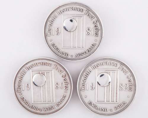 Dickie Bird three white-metal Cornhill Insurance England Test Series medals, 1980-82