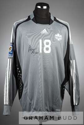 Asmir Begovic signed grey and black Canada no.18 goalkeeper's jersey in a 2010 FIFA World Cup Qualifiers, 
 long-sleeved with padded elbows and FIFA W