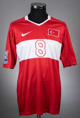 Nihat Kahveci red and white  No.8 Turkey v, Bosnia match issues short-sleeved jersey, 2009-10, 
 Nike, L, with v-neck collar, embroidered cloth badge,
