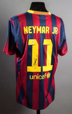 Neymar signed replica Barcelona jersey, with badging, shirt number and player lettering, signed in black marker pen to the No.11; sold with a COA issu