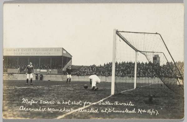 Woolwich Arsenal v Manchester United b&w postcard portraying action from the match played at Plumstead 16th March 1907,
 the United 'keeper Harry Moge