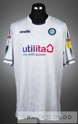 Adebayo Akinfenwa white Wycombe Wanderers no.20 third choice jersey, season 2017-18,
 short-sleeved with SKY BET LEAGUE ONE EFL and SKY BET WHEN THE F