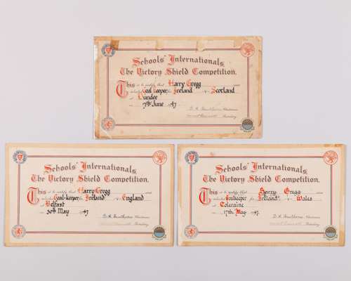 Harry Gregg three Schools' International Victory Shield selection cards, 1947