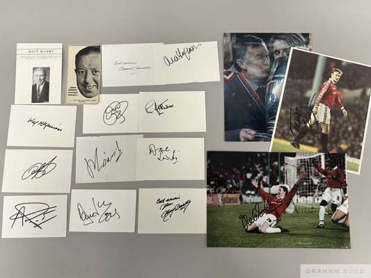 Collection of Manchester United autographs 
 including Alex Ferguson, Ole Gunner Solskjaer, Tedding Sheringham and managers Jimmy Murphy, Matt Busby, 