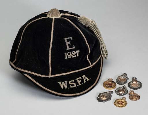 Wales Schools' Football Association representative cap v England in 1927, sold with Welsh football medals,
 comprising black velvet with gilt braiding