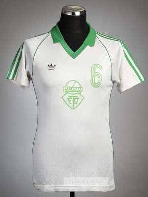 White & green Raba ETO Gyor no.6 jersey, circa 1980s, 
 Adidas, short-sleeved with club crest and sponsor logo, reverse numbered 6