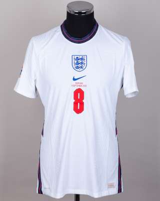 Declan Rice white No.8 England v. Denmark short-sleeved shirt, 2020