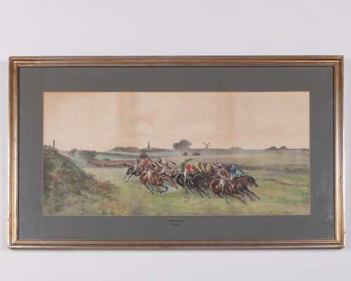 John Beer (British, 1860-1930) colour lithograph titled ‘Newmarket, The Race’