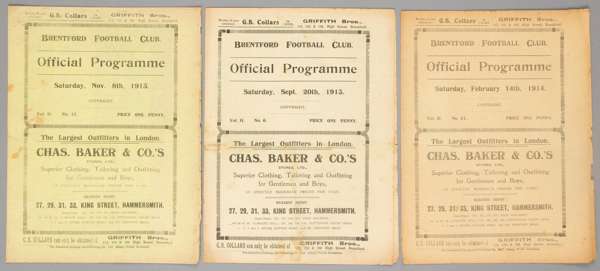 Three Brentford Southern F.L. Division Two home programmes v Welsh opposition in season 1913-14, 

v Caerphilly 20th September, Mardy 8th November and