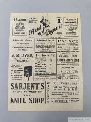 Rare Reading v. Manchester United F.A.Cup 3rd Round match programme, 8th January 1927

  Signs of folds