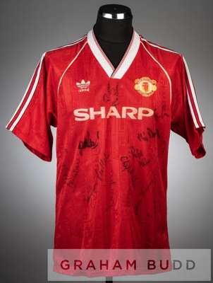 Squad signed red and white Manchester United no.2 home jersey, season 1988-90,
 short-sleeved with club crest and sponsor logo, reverse numbered 2, si