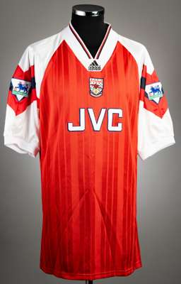 Andy Linighan red and white Arsenal no.6 home jersey, circa 1991,
 Adidas, short-sleeved with THE FA PREMIER LEAGUE sleeve badges, club crest and spon