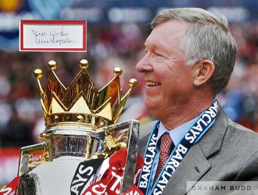Sir Alex Ferguson ex Manchester United manager, their most successful of all time, signed card mounted within a photograph that's been mounted, 
 and 