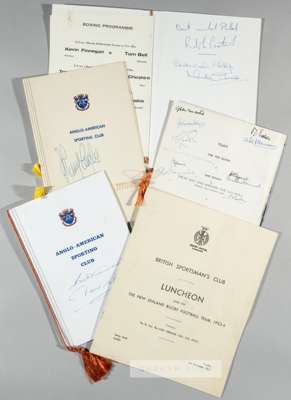 Four dinner menus signed by New Zealand rugby and boxing legends,
 comprising British Sportsman's Club luncheon given for the New Zealand rugby footba