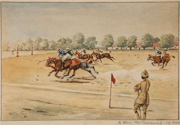 Walter Ord Carruthers (20th century) A STATION POLO TOURNAMENT - C.P. INDIA signed, titled and dated '45, mounted, framed & glazed, overall 29 by 40cm