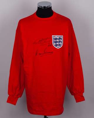 Geoff Hurst and Martin Peters autographed red England replica long-sleeved shirt