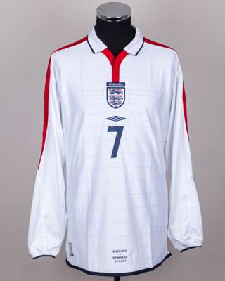 David Beckham white No.7 England v. Denmark match issued long-sleeved shirt, 2003