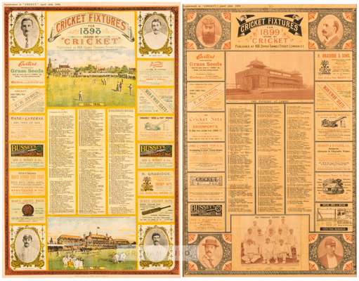 Two Cricket fixtures advertisement supplements issued by 'Cricket' for 1898 and 1899, 
 each printed with fixtures from April/May to September, surrou