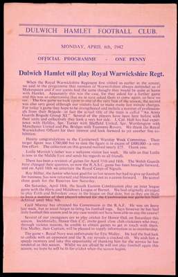 27 Dulwich Hamlet home programmes season 1941-42, including fixtures v Woking, Bromley and several armed forces matches, all have folds, but generally