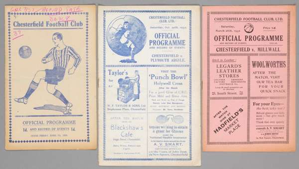 Three Chesterfield home programmes,

FL Division Two fixtures v Millwall 26th March 1932, Plymouth Argyle 29th October 1932 and Newcastle United 7th A