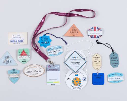 Group of racecourse badges including examples issued to Lester Piggott and others