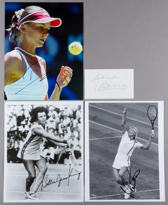 Signed photographs of female tennis stars and legends, 
 including J Heron, BJ King, C Martinez (2), J Capriati, V Duchevina, M Sharapova (2), S Graf 