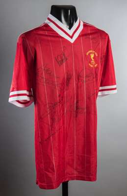A signed Liverpool 1984 European Cup Final replica jersey, 13 signatures in black marker pen, not the full starting XI,  but including Kennedy, Thomps