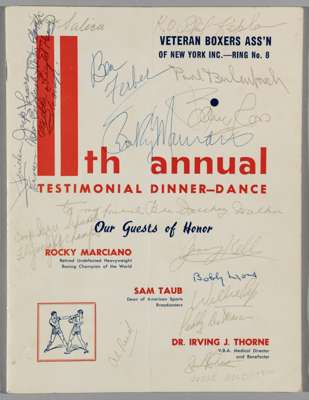 Rocky Marciano signed Veteran Boxers Association 11th Annual Testimonial dinner-dance menu, held on 7th November 1964 at The Grand Street Boys Associa