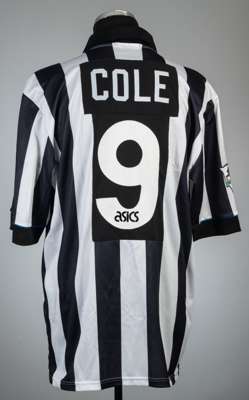 Andy Cole black and white striped Newcastle United no.9 home jersey, season 1993-94,
 Asics, shorts-sleeved with THE FA PREMIER LEAGUE sleeve badges, 