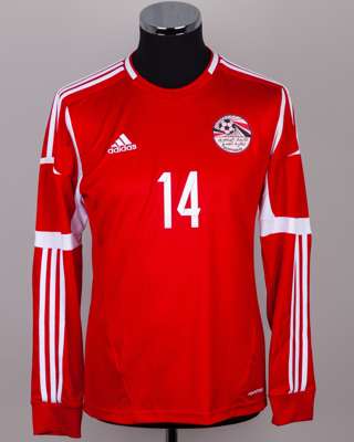 Hossam Ghaly red and white No.14 Egypt v. Bosnia long-sleeved shirt, 2014