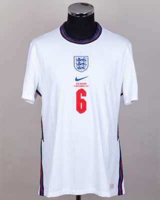 Tyrone Mings white No.6 England v. San Marino short-sleeved shirt, 2021