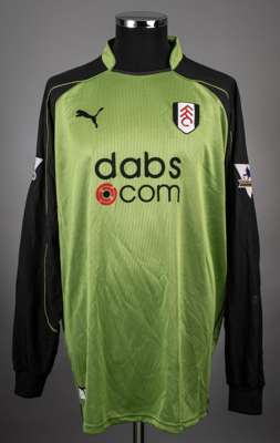 Edwin Van Der Sar green and black No.1 Fulham goalkeepers jersey, 2003-05, 
 Puma, XL, with crew-neck collar and embroidered cloth badge inscribed FFC