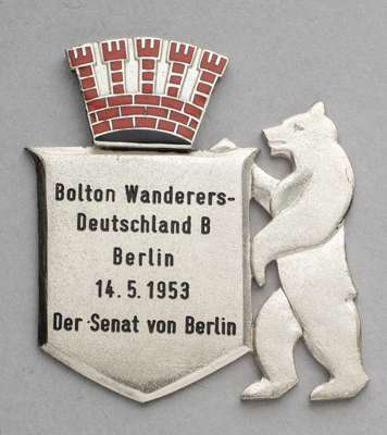 Medal plaque awarded to the footballer Bert Sproston on the occasion of Bolton Wanderers' match v Deutschland 'B' in Berlin, 14th May 1953,
 designed 
