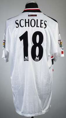 Paul Scholes white Manchester United no.18 away jersey, season 1997-98,
 Umbro, short-sleeved with THE FA PREMIER LEAGUE CCHAMPIONS 1996-1997 sleeve b